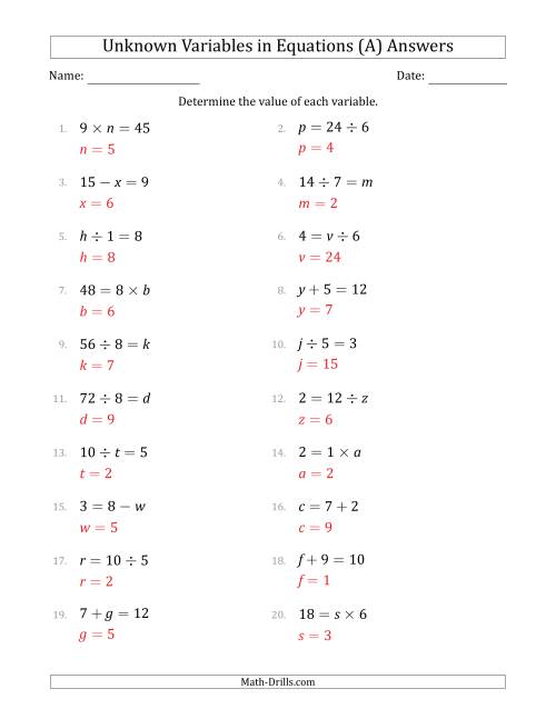 variables and equations worksheet answers