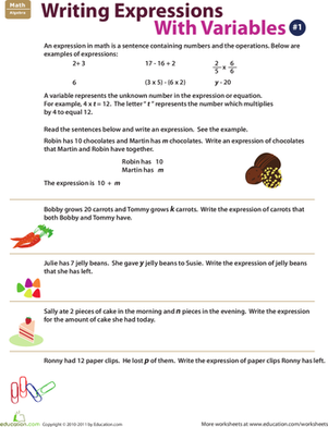 Writing Expressions with Variables: 1 | Worksheet 