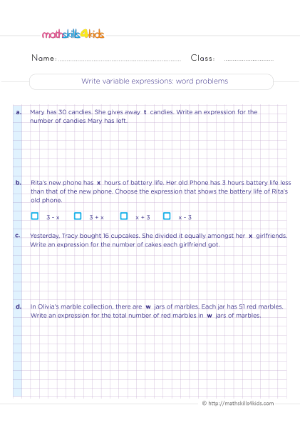 Grade 5 algebraic expressions up to 2 variables worksheets