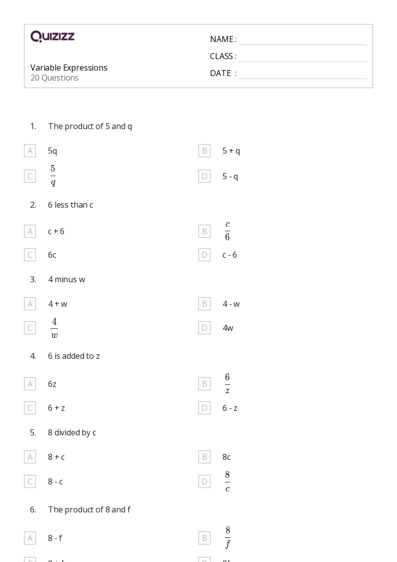 variables and expressions worksheet 5th grade