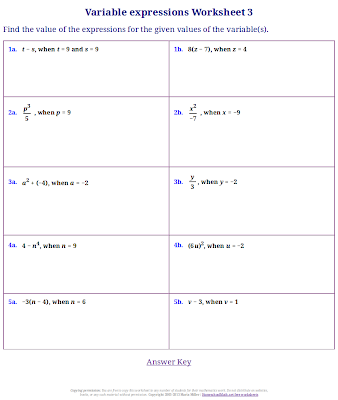 Free worksheets for evaluating simple expressions - for prealgebra ...