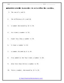 Evaluating Variable Expressions Worksheets