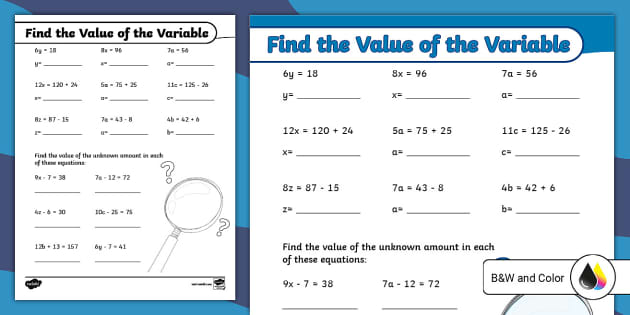 Fifth Grade Find the Value of the Variable Activity - Twinkl