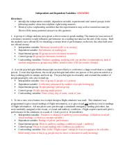 Variables Worksheet ANSWERS - Independent and Dependent Variables ...