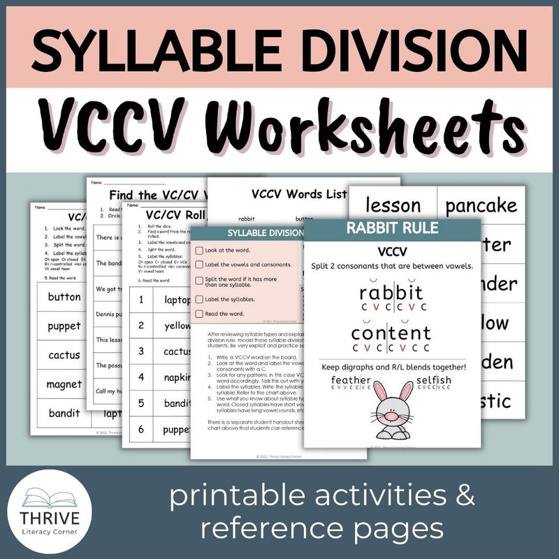 VCCV Syllable Division Worksheets - Thrive Literacy Corner Shop