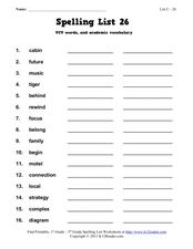 Spelling List 26: VCV Words, and Academic Vocabulary Worksheet for ...