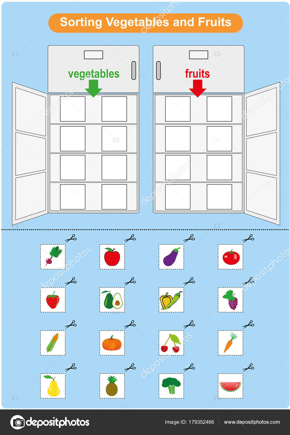 Sorting Fruits and Vegetables in refrigerator, worksheet for ...