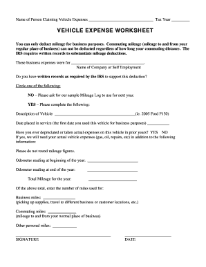 VEHICLE EXPENSE WORKSHEET - 1040, Inc - 1040inc.net - Fill and ...