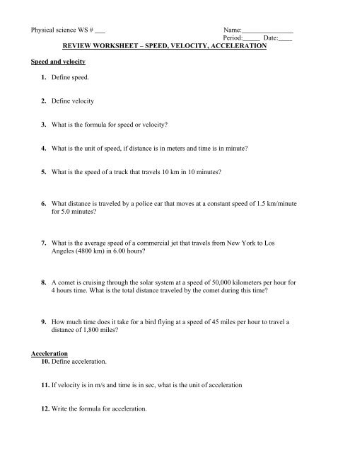 Speed Velocity Acceleration - Foothill High School
