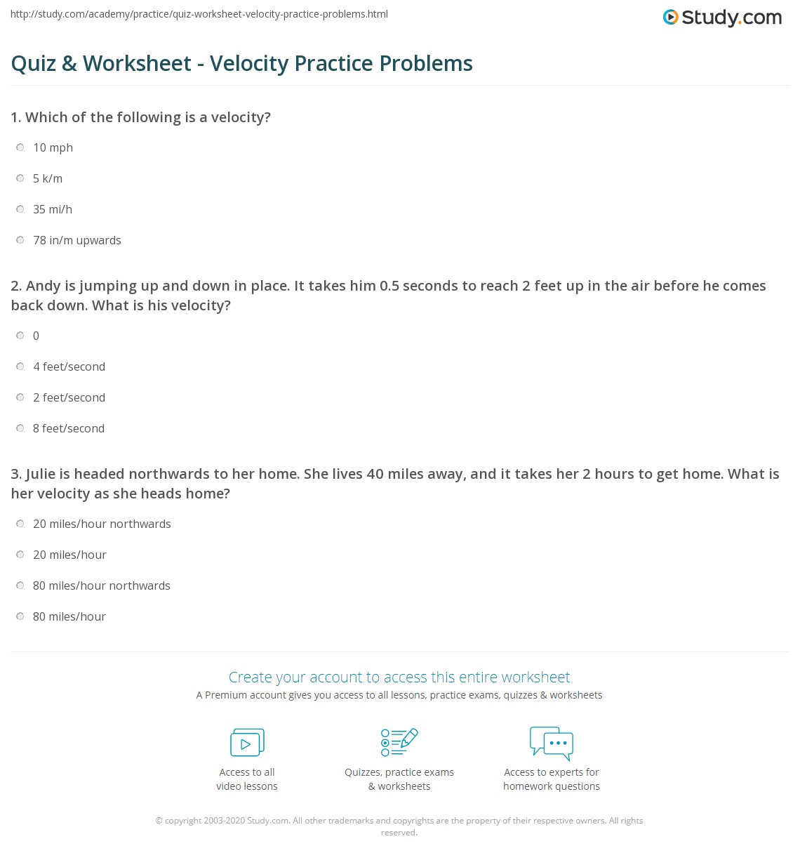 Quiz &  Worksheet - Velocity Practice Problems | Study.com