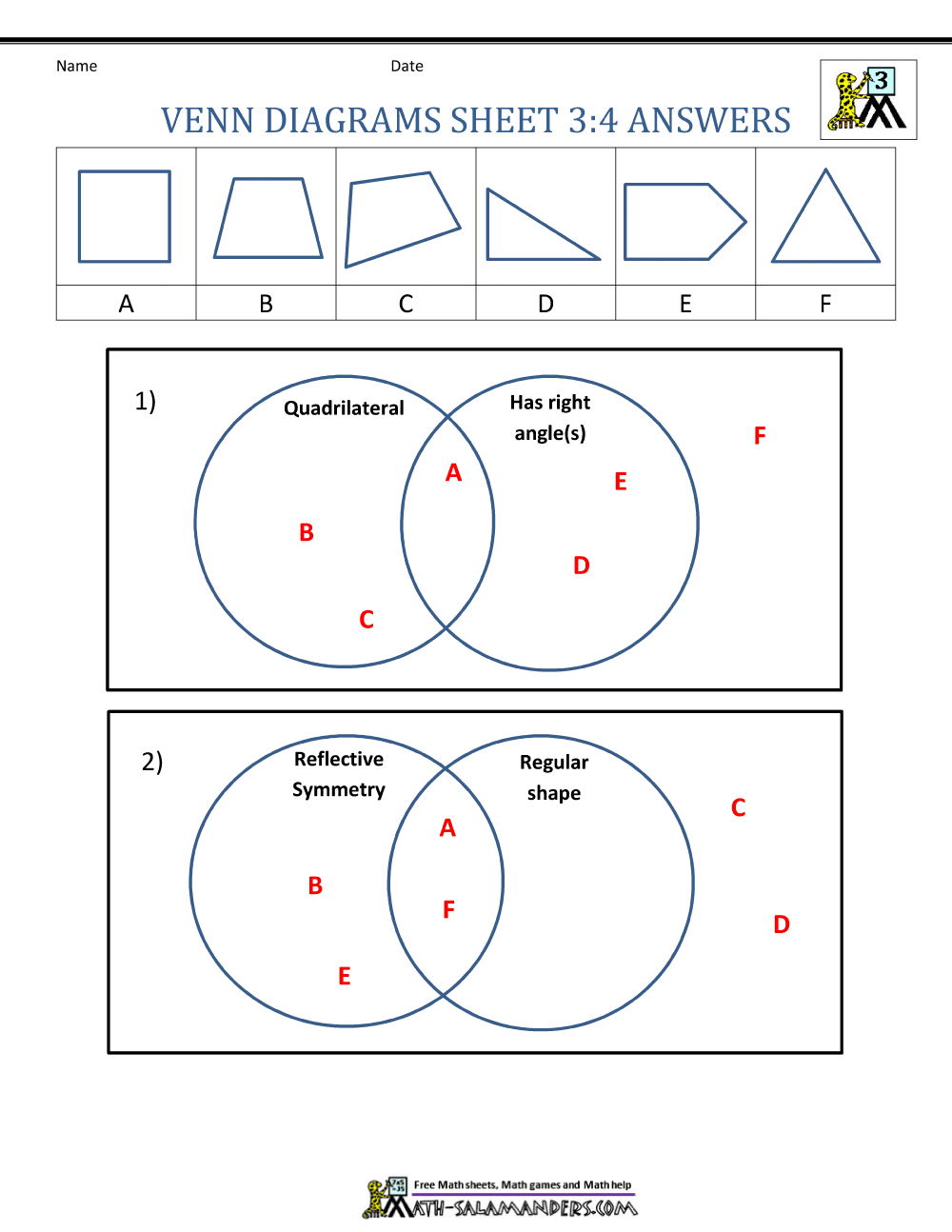 venn diagrams worksheet with answers