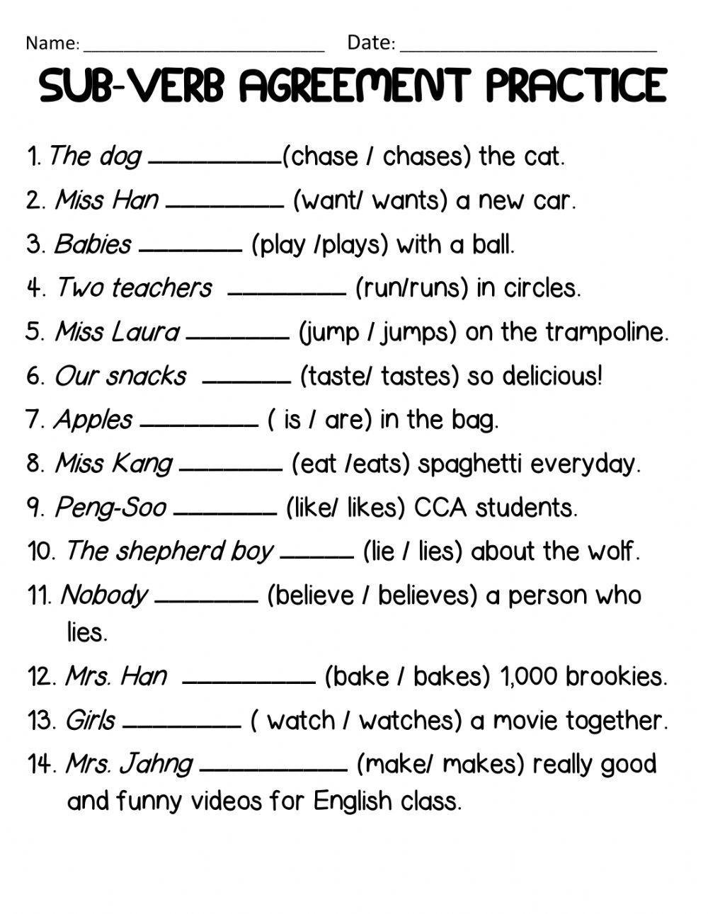 Sub-Verb Agreement practice worksheet  