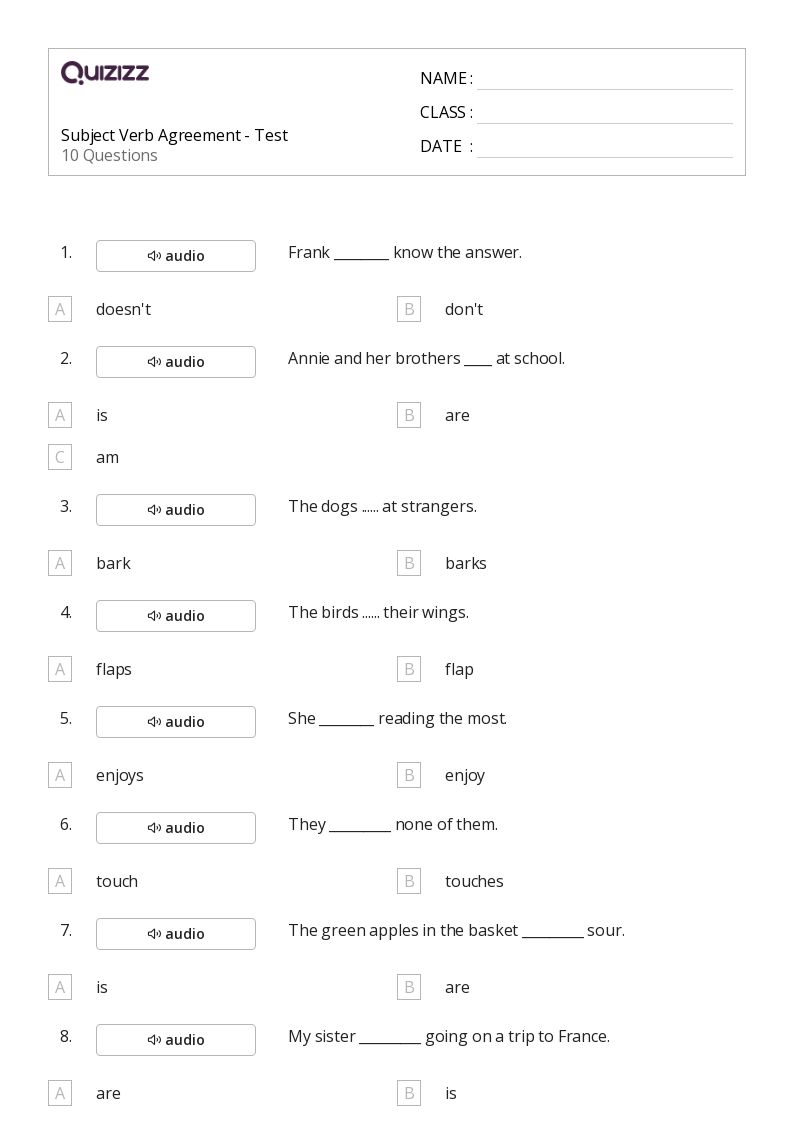 50+ Subject-Verb Agreement worksheets for 1st Grade on Quizizz ...