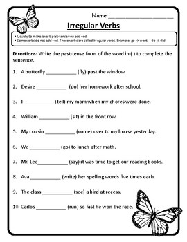 Language Arts Irregular Verb Worksheet Practice Irregular Verb ...