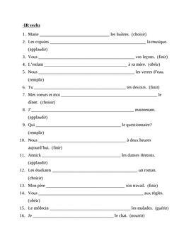 IR Verbs in French Verbes IR Worksheet 6  