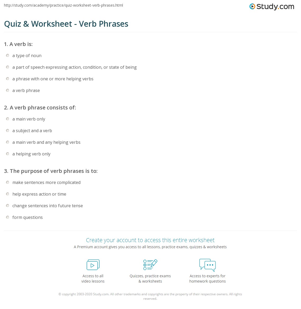 Quiz &  Worksheet - Verb Phrases | Study.com