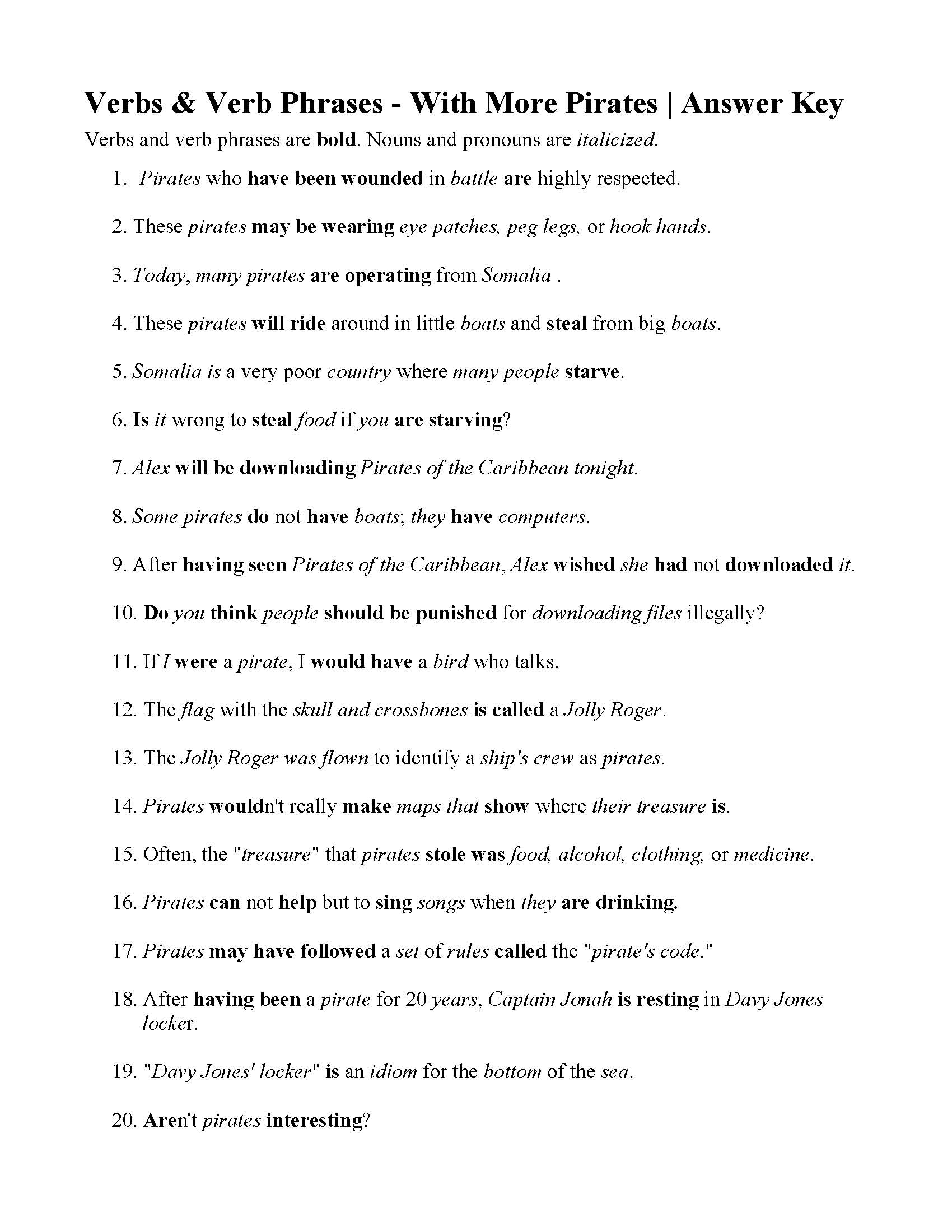 Verbs and Verb Phrases With More Pirates | Answers