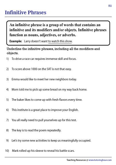 Infinitive Phrase Worksheets