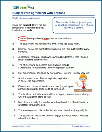 Subject verb agreement &  phrases | Worsheets library