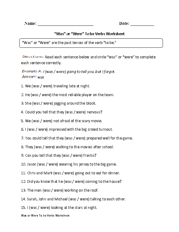 Verbs Worksheets | To Be Verbs Worksheets