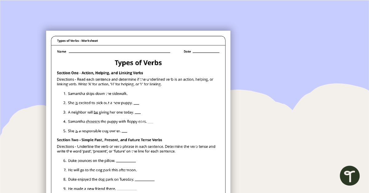 Types of Verbs Worksheet | Teach Starter