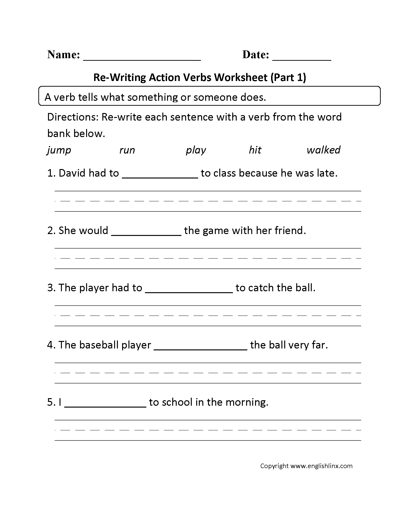 verb worksheet middle school