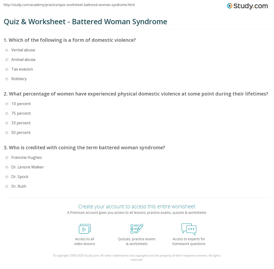 Quiz &  Worksheet - Battered Woman Syndrome | Study.com