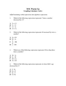 Verbal and Algebraic Expressions Worksheet for 8th - 9th Grade ...