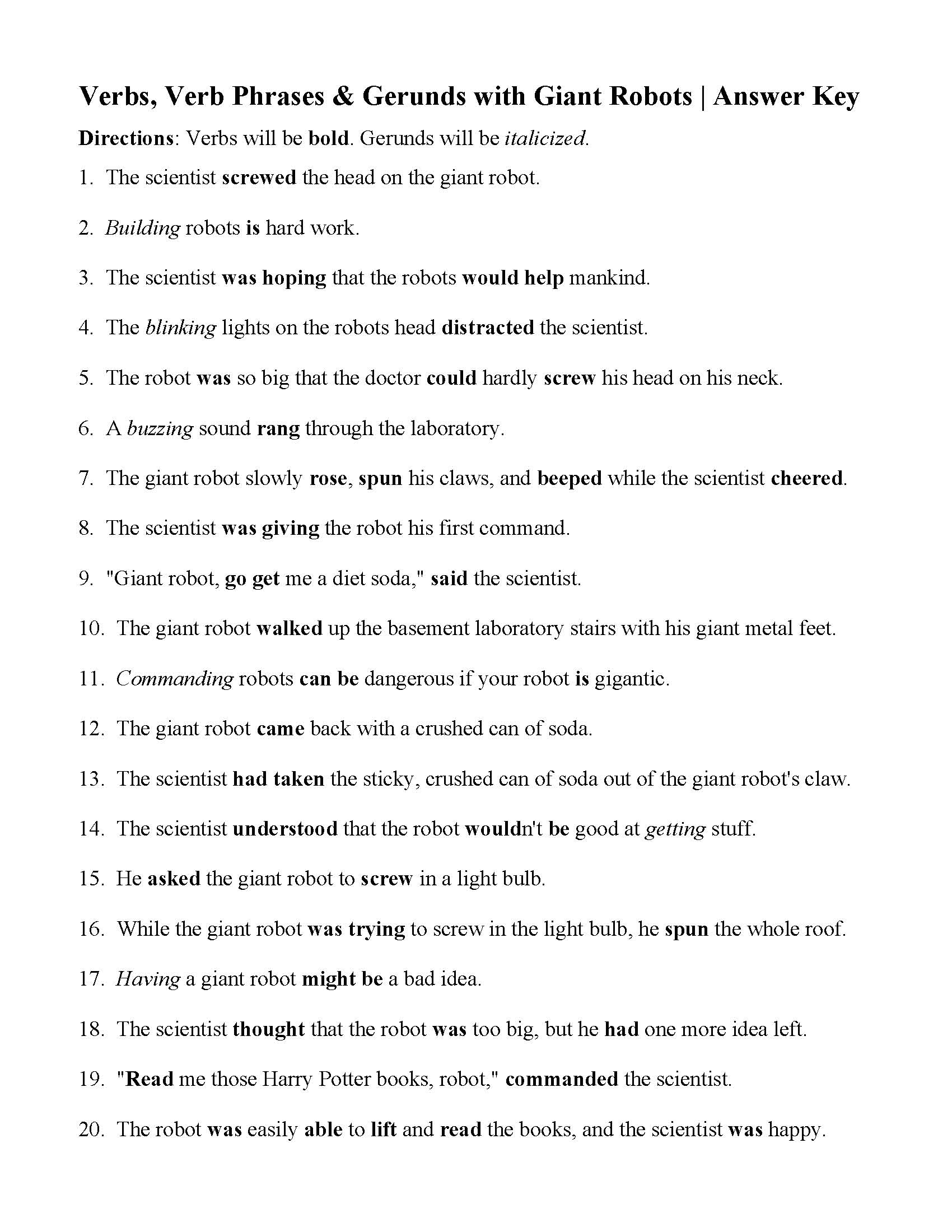 Verbs, Verbs of Being, and Gerunds Worksheet | Answers