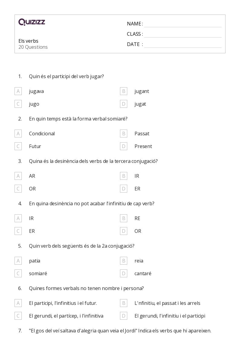 50+ Verbals worksheets on Quizizz | Free &  Printable