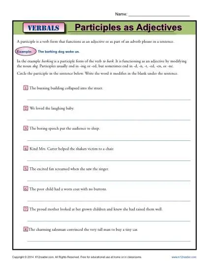 Participles as Adjectives | Verbal Worksheets