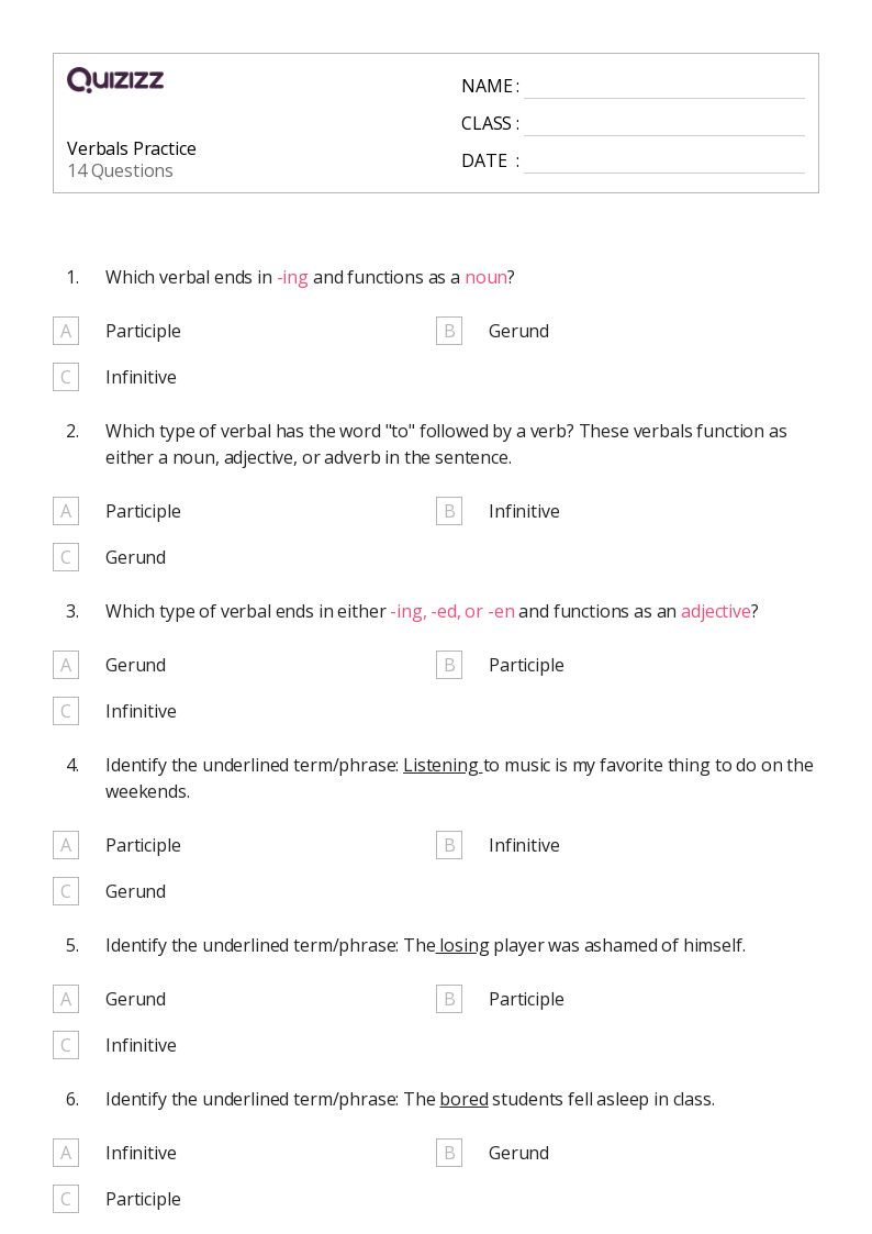 50+ Verbals worksheets on Quizizz | Free &  Printable