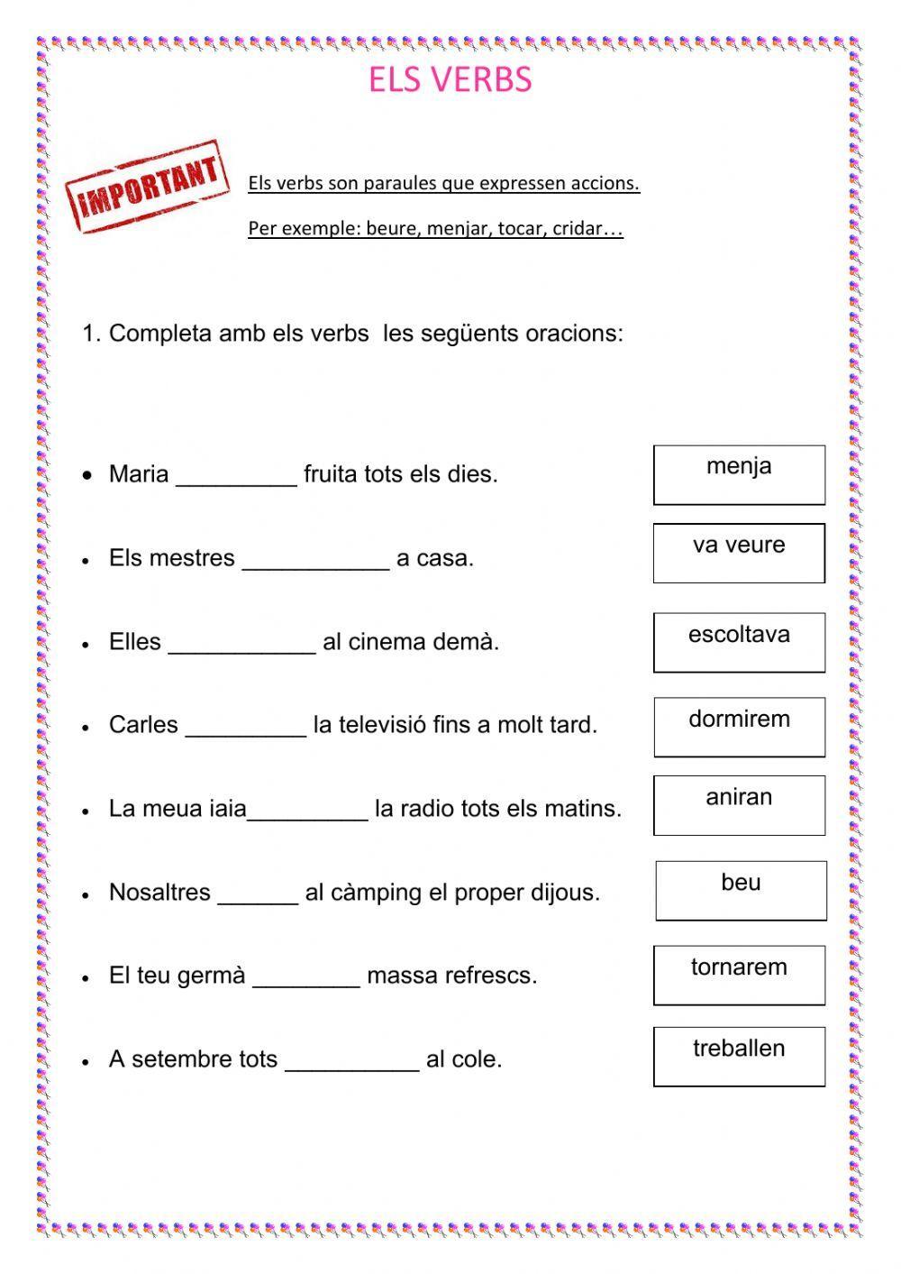 Els verbs. temps verbals worksheet  