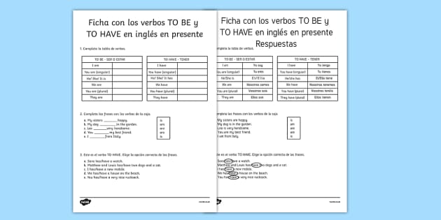 Ficha Verbos Ser, Estar y Tener en presente simple en español