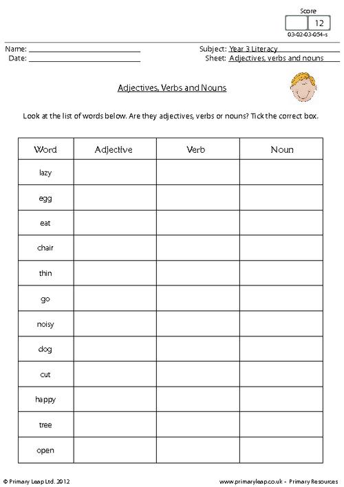 Literacy: Adjectives, verbs and nouns | Worksheet | PrimaryLeap.co.uk