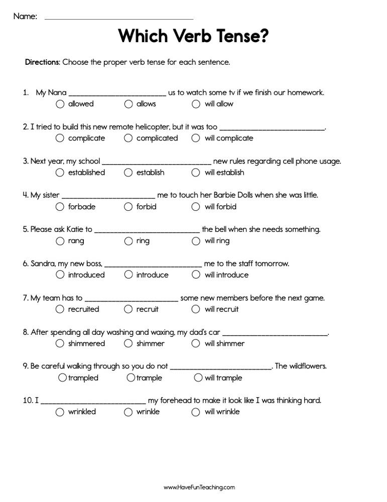 Verb Tenses Fill in the Blank Worksheet  