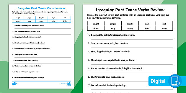 Irregular Verbs Worksheet | Past Tense Verbs Review Activity