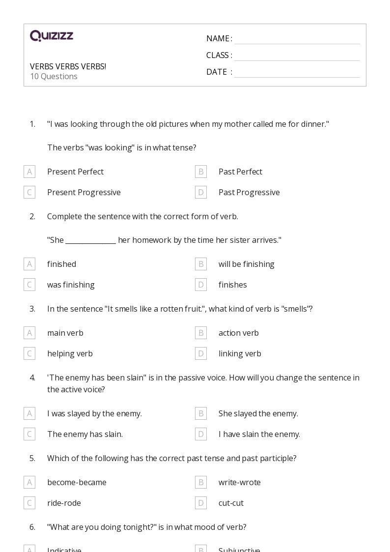 Year 6 Verbs Worksheet