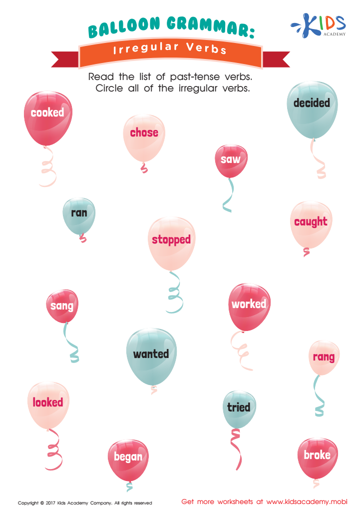 Irregular Verbs: Baloons Worksheet, Printable PDF for Kids