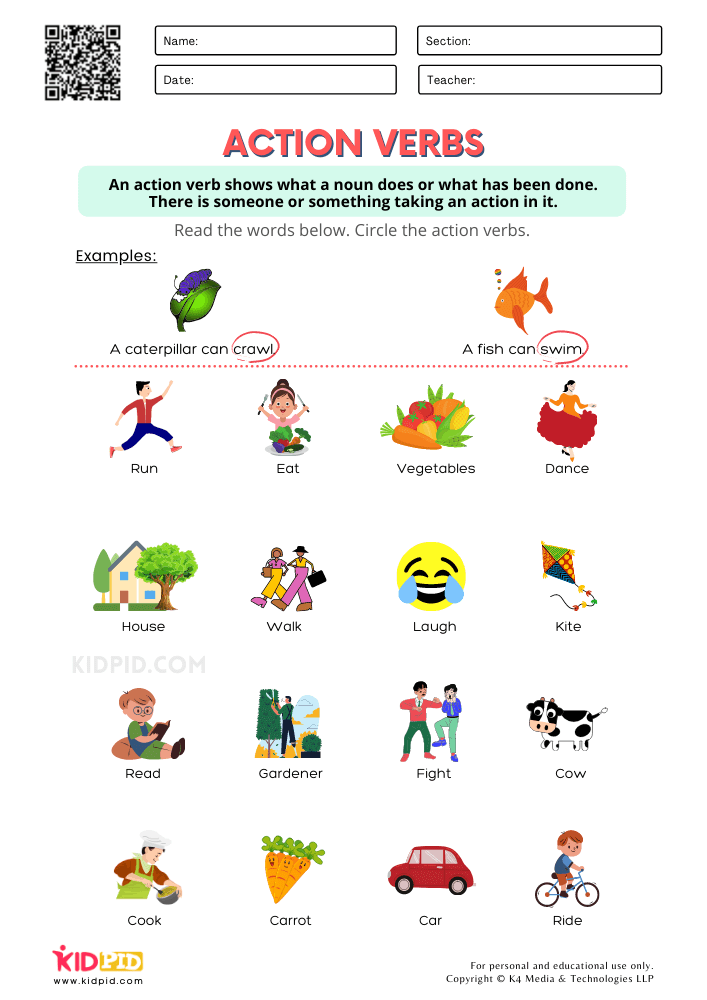Identify Action Verbs Printable Worksheets for Grade 1 - Kidpid