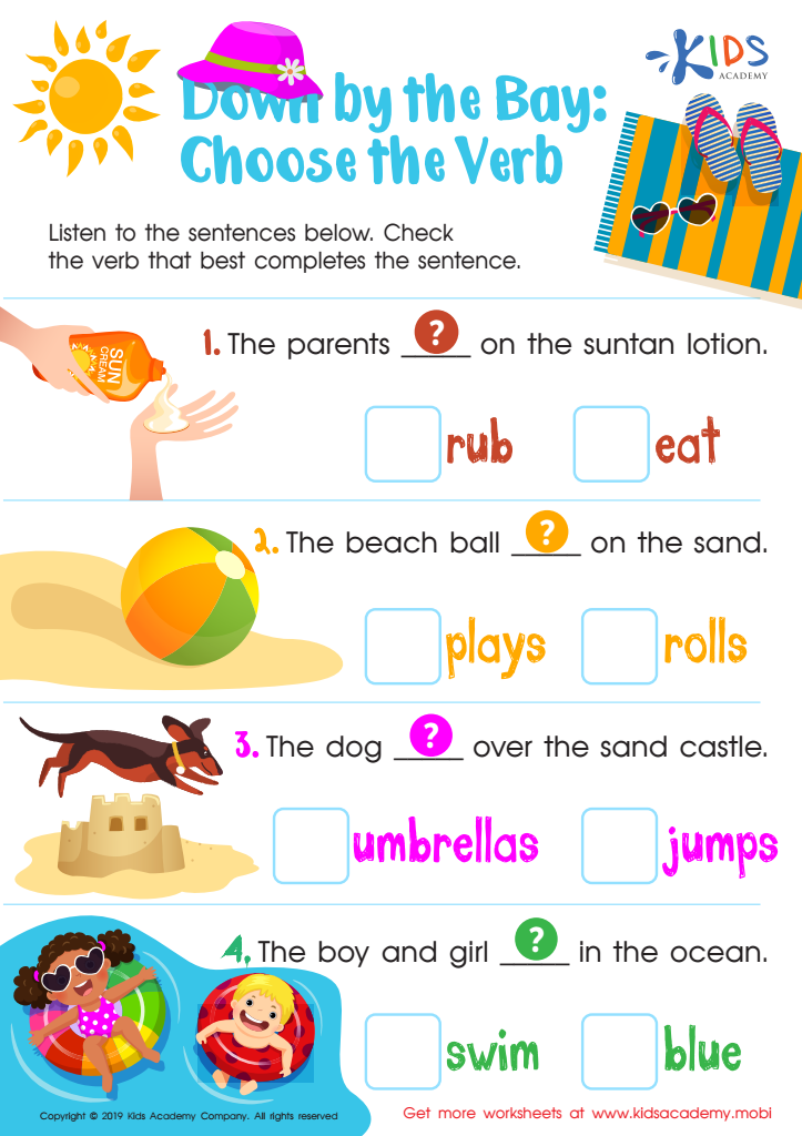 Down by the Bay: Choose the Verb Worksheet for kids