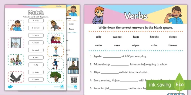 Printable Verbs Worksheet Year 1 KSSR (teacher made)