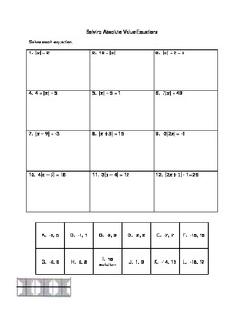 Absolute Value Equations VersaTile Worksheet by Mrs Ws Math Connection