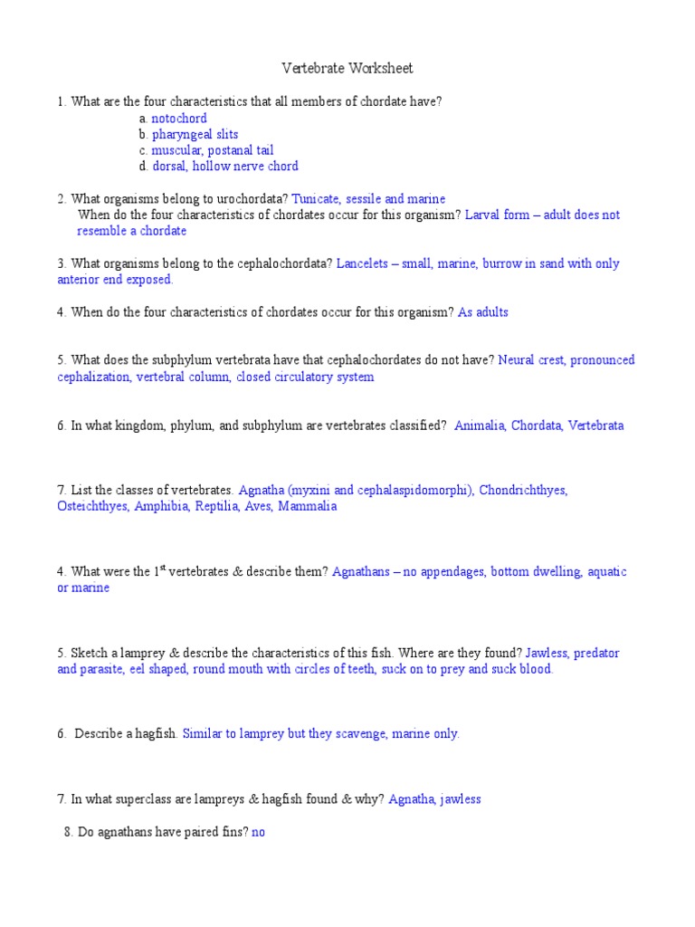 vertebrate worksheet answers