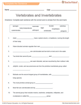 Vertebrates and Invertebrates Word Fill-In | Science Printable ...