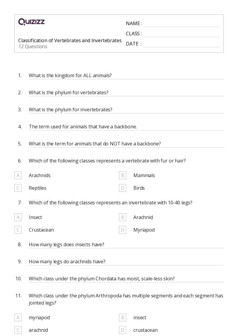 50+ vertebrates and invertebrates worksheets on Quizizz | Free ...