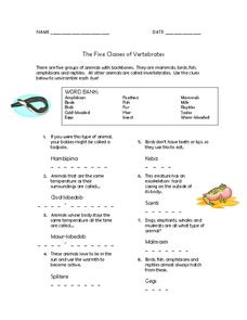 The Five Classes of Vertebrates Worksheet for 5th Grade | Lesson ...