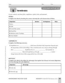 Vertebrates Worksheet for 9th - 12th Grade | Lesson Planet