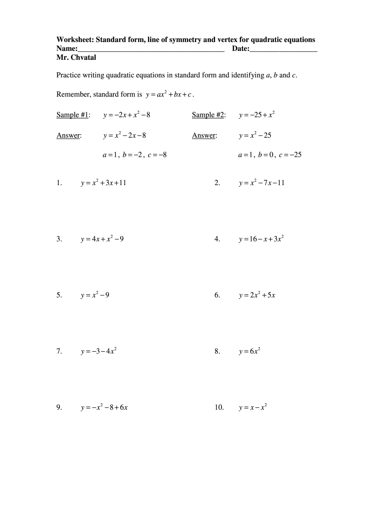 vertex form worksheet with answers