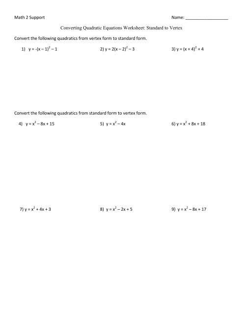Converting Quadratic Equations Worksheet - Coach Forrester - Worksheets ...